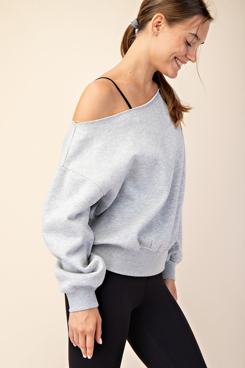 French Terry Fleece Off Shoulder Top - Grey