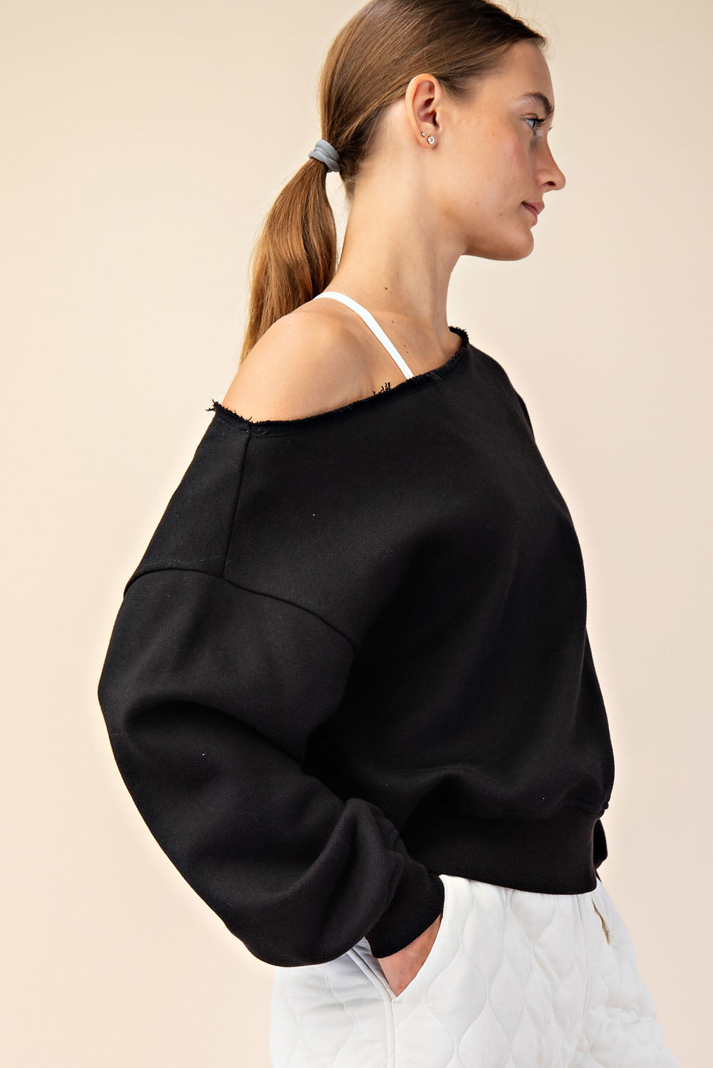 French Terry Fleece Off Shoulder Top - Black
