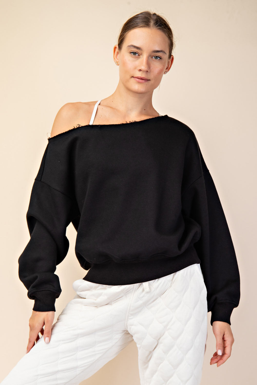 French Terry Fleece Off Shoulder Top - Black
