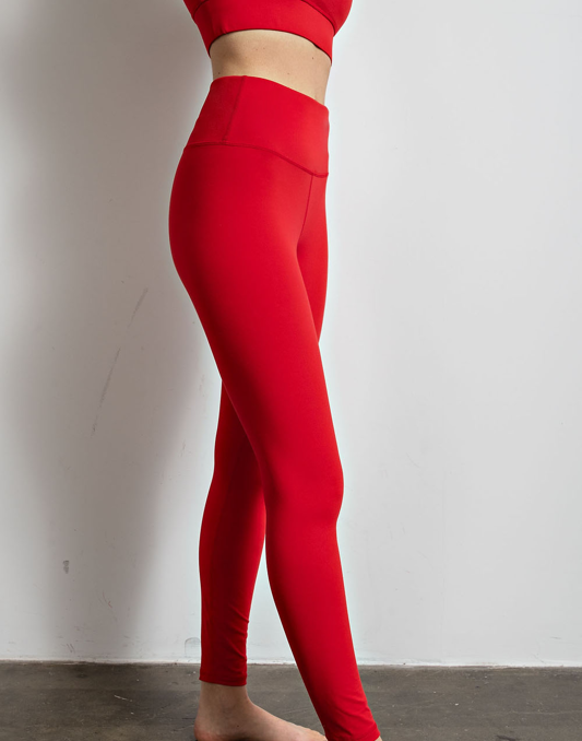 Full Length High Waist Leggings - Red