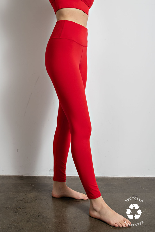 Full Length High Waist Leggings - Red
