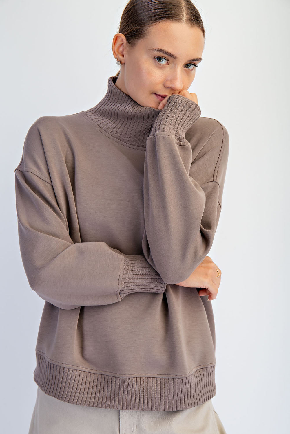 Modal Poly Rib Mock Neck Pullover