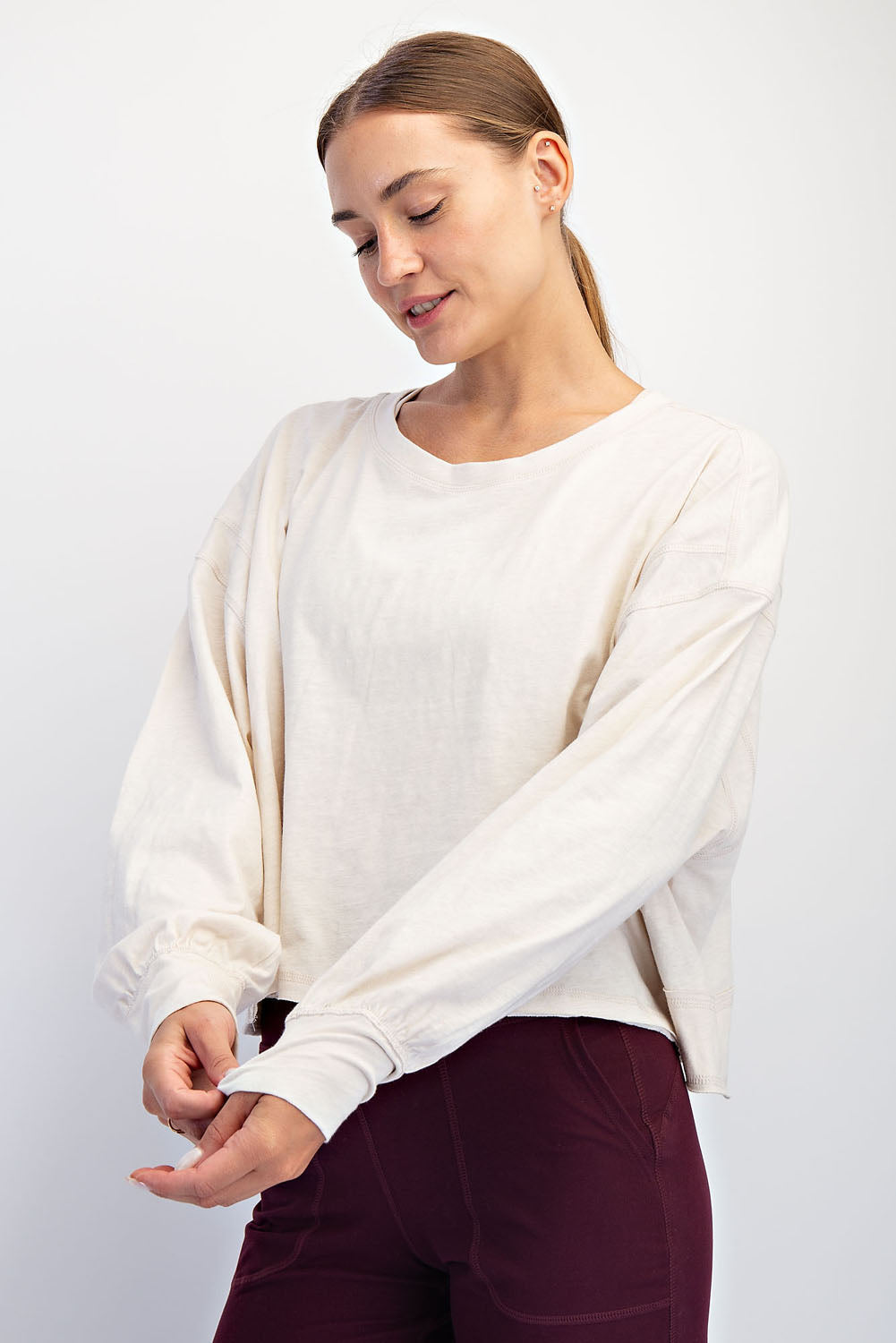 Cotton Slub Open Back Long Sleeve Top