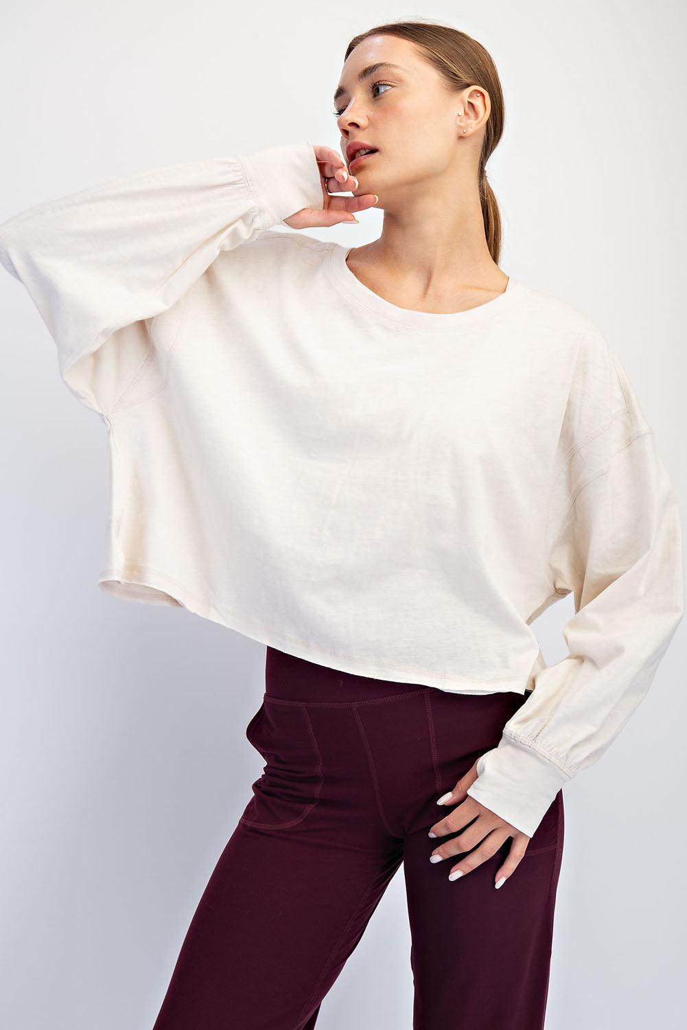 Cotton Slub Open Back Long Sleeve Top