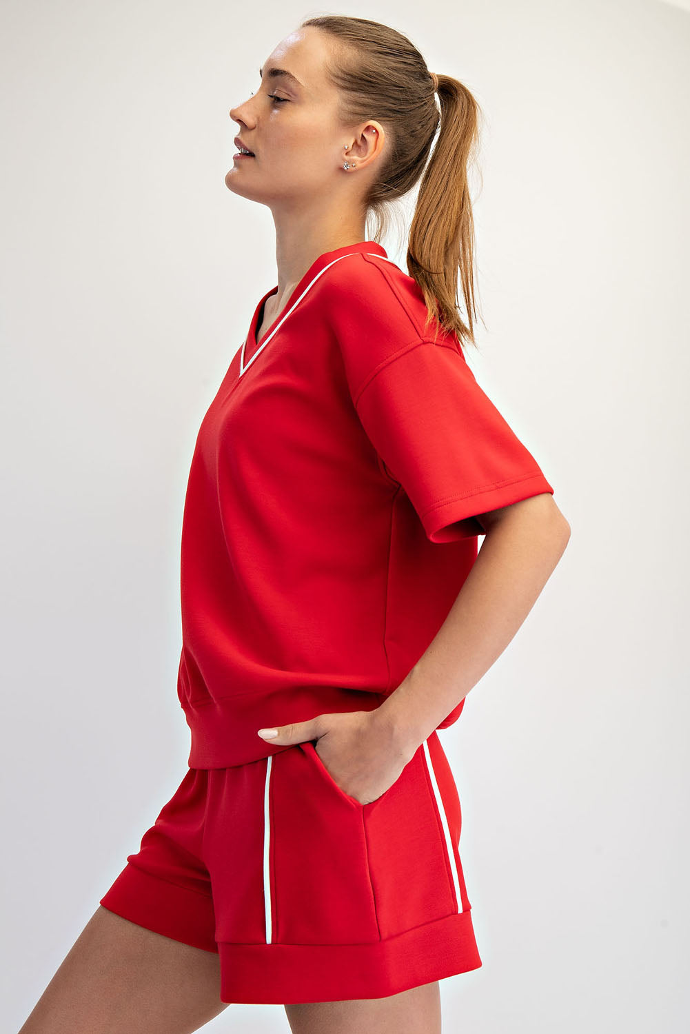 Modal Poly Flat Piping V-Neck Top