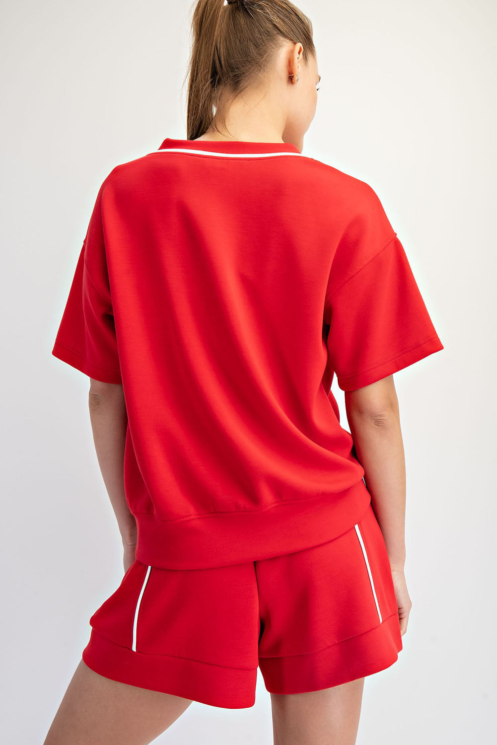 Modal Poly Flat Piping V-Neck Top