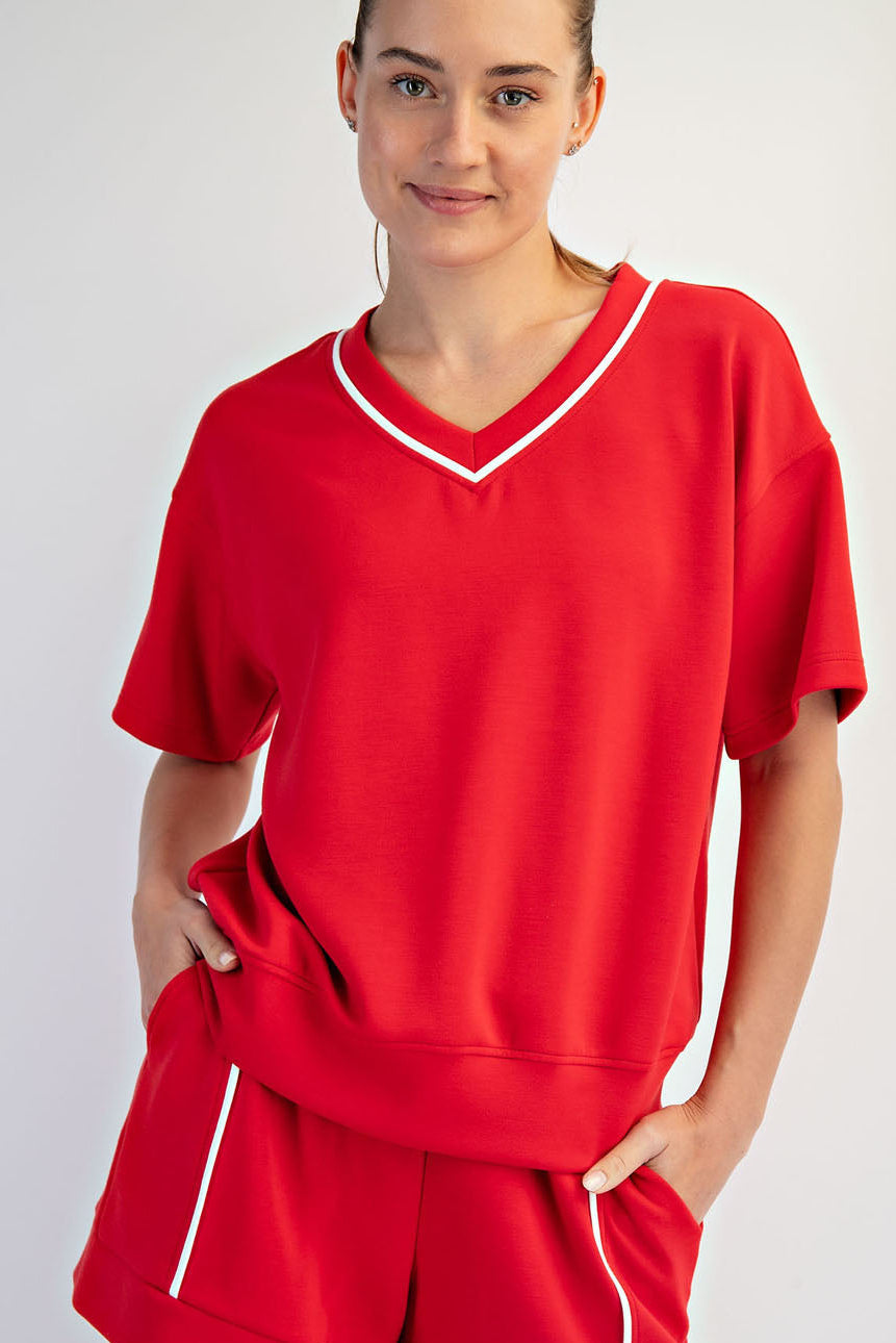 Modal Poly Flat Piping V-Neck Top