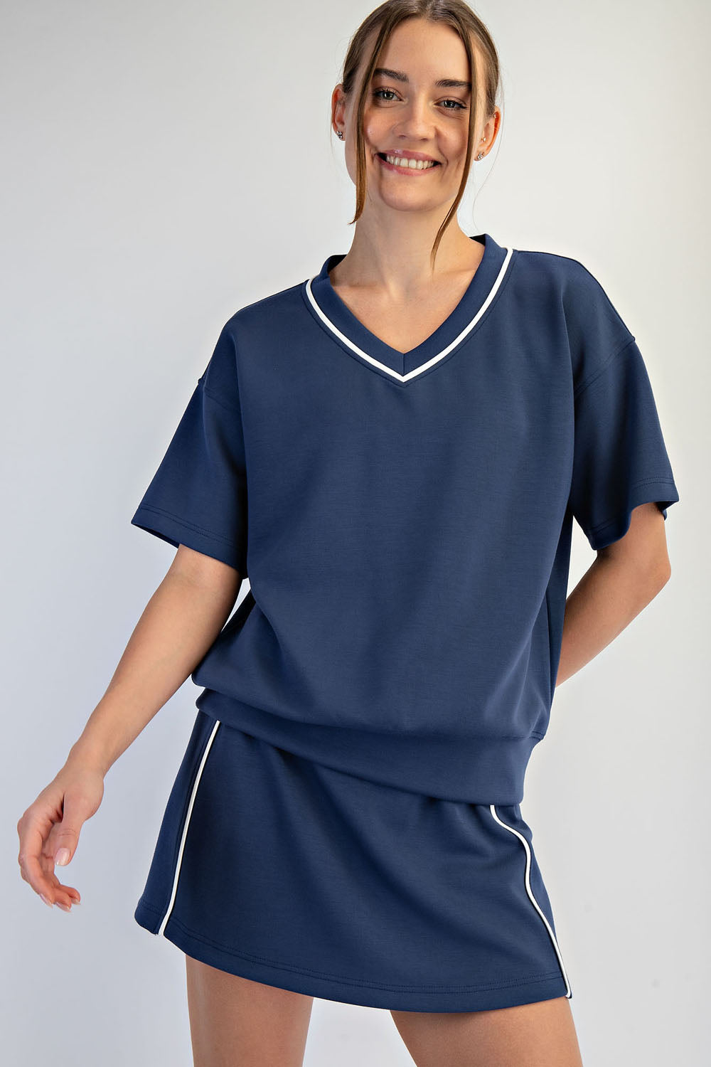 Modal Poly Flat Piping V-Neck Top