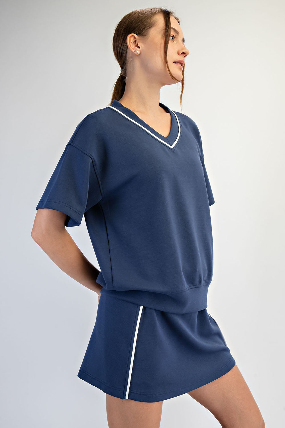 Modal Poly Flat Piping V-Neck Top