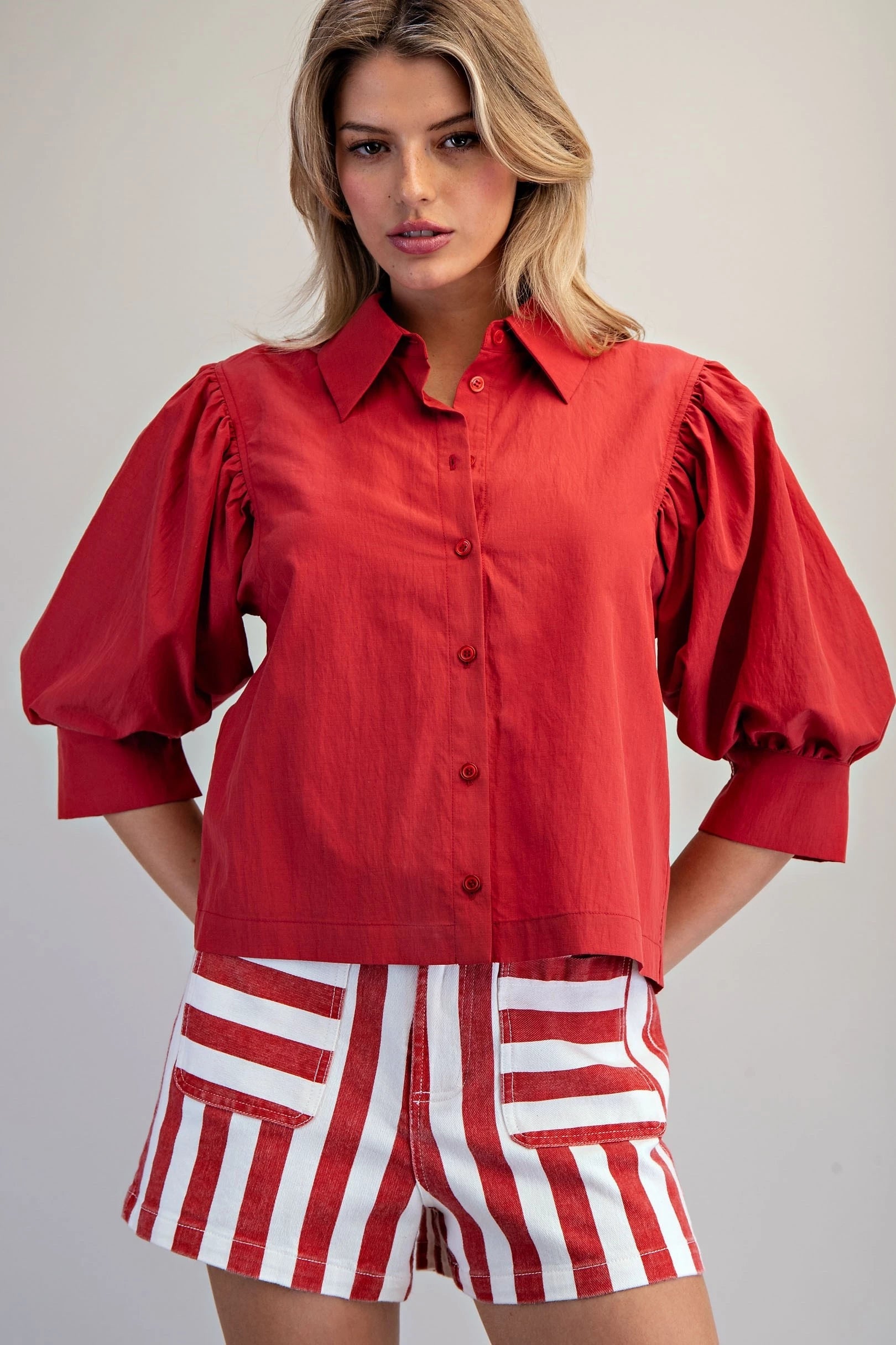 Solid Puff Sleeve Button Down Shirt