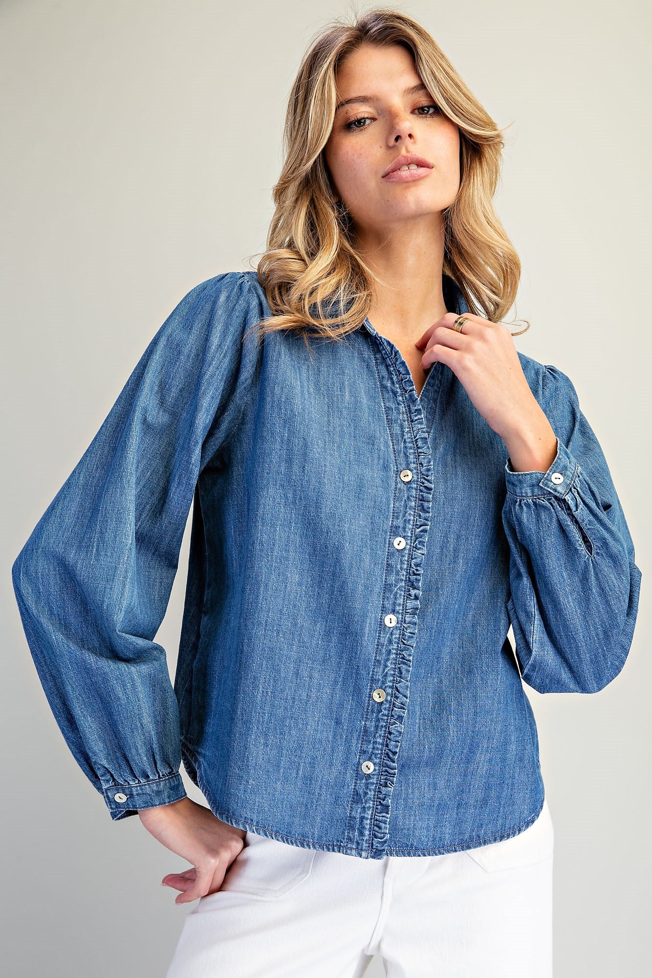 Ruffled Denim Button Down Blouse
