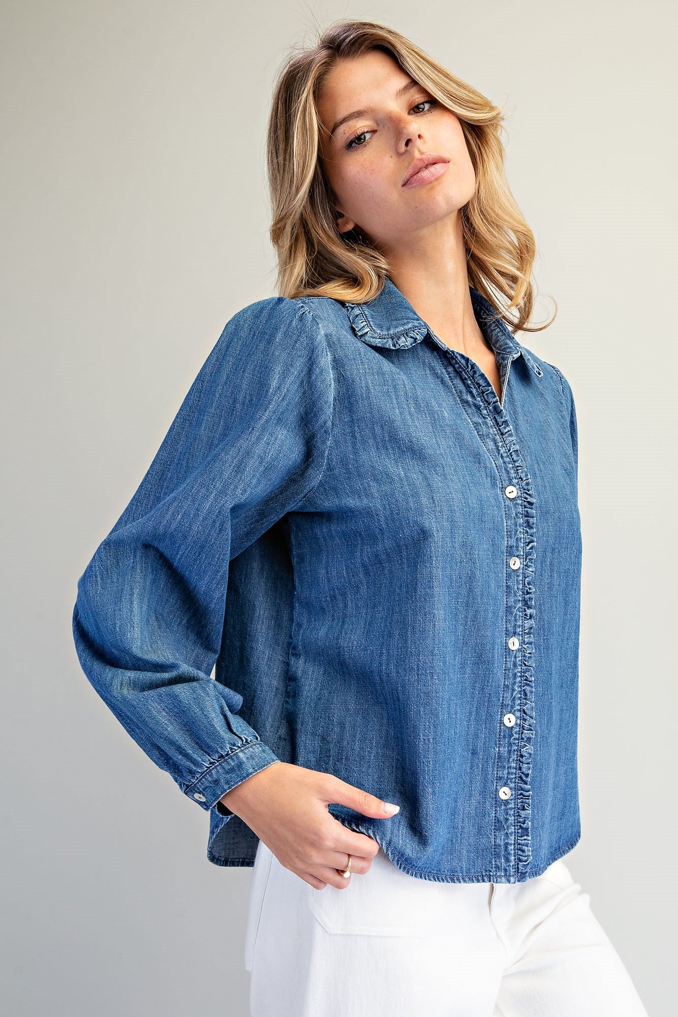Ruffled Denim Button Down Blouse