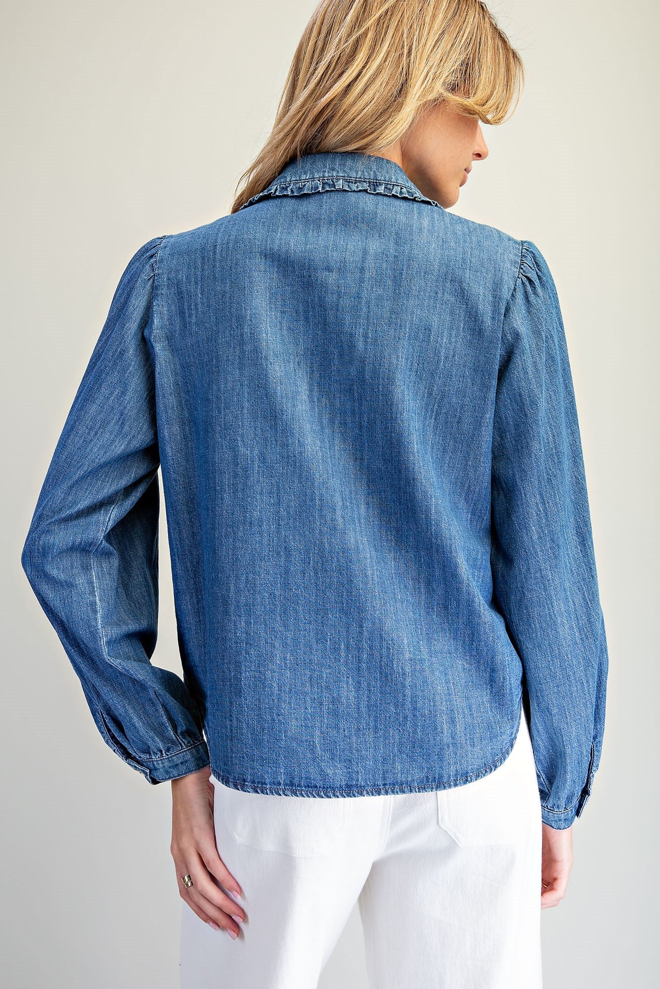 Ruffled Denim Button Down Blouse