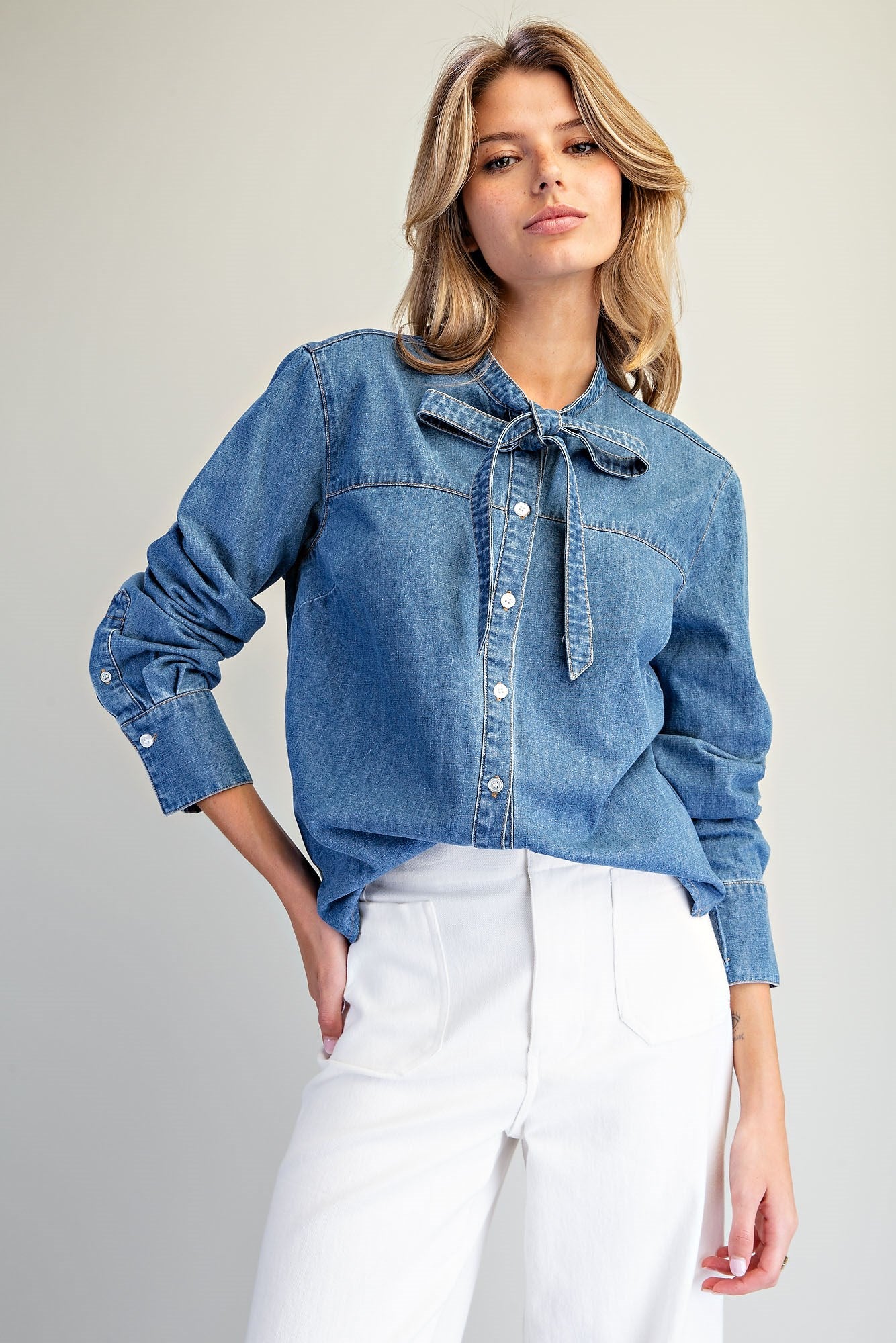 Button Down Tie Front Denim Top