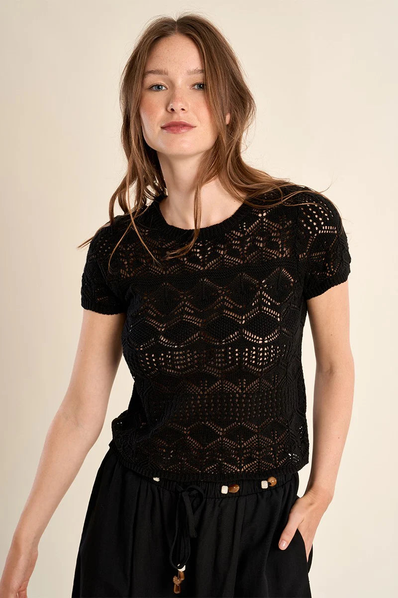 Short Sleeve Open Knit Sweater