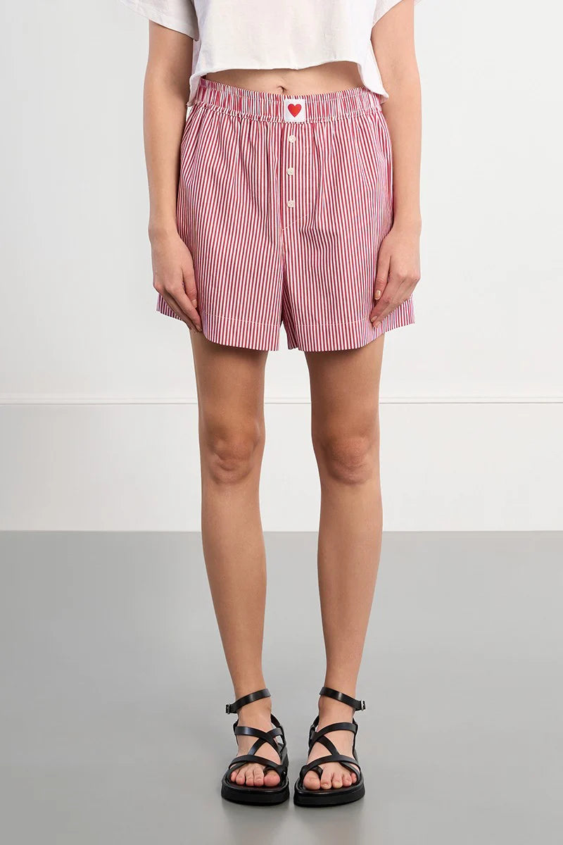 Striped Elastic Waist Shorts W/ Button & Heart Detail