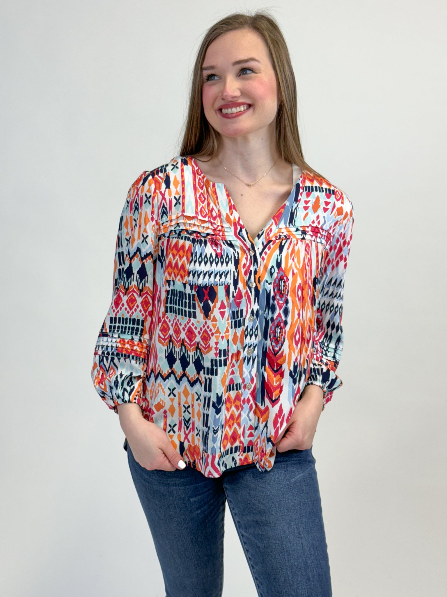 Tribal 3/4 Sleeve Button Front Blouse