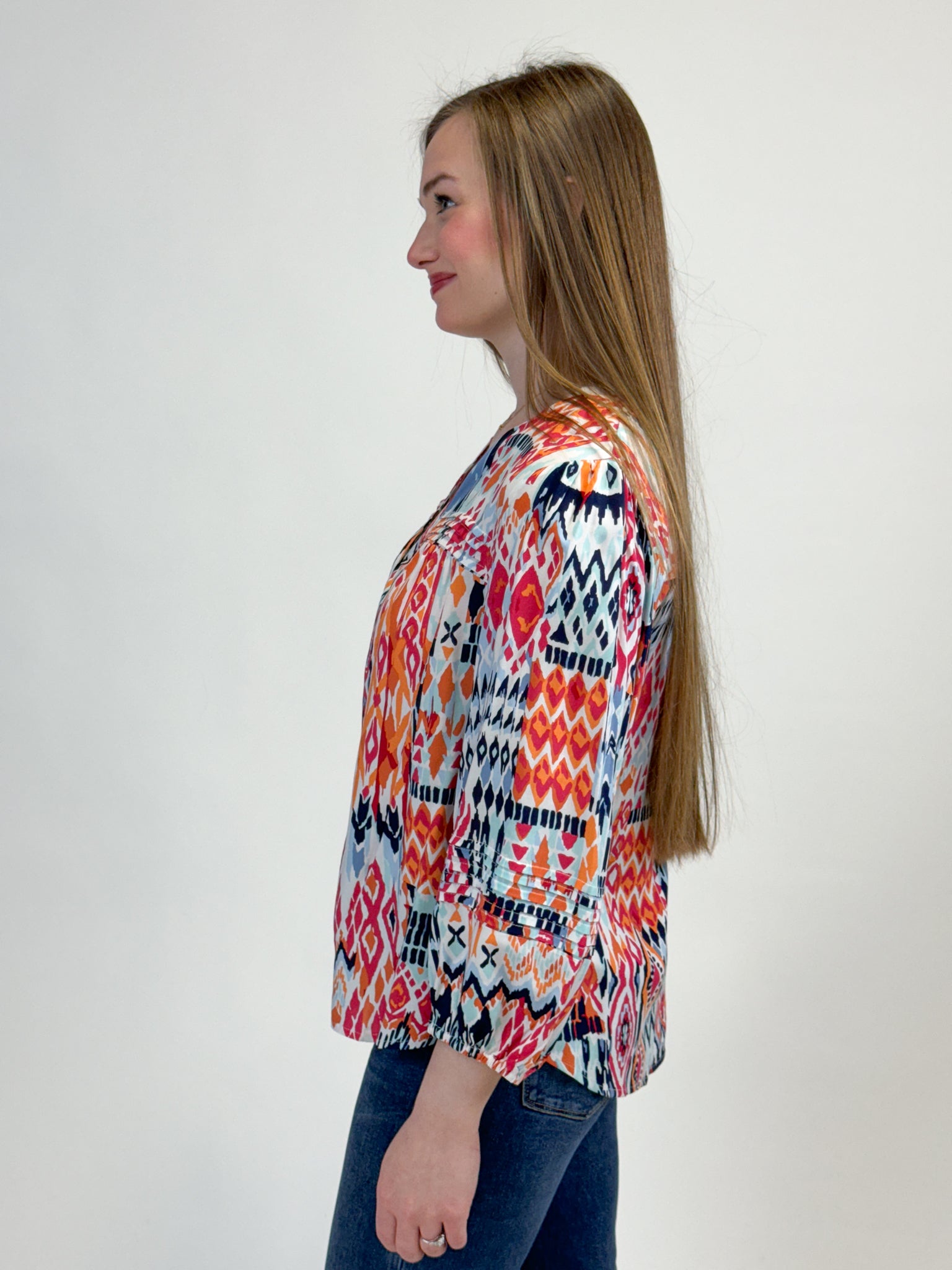 Tribal 3/4 Sleeve Button Front Blouse