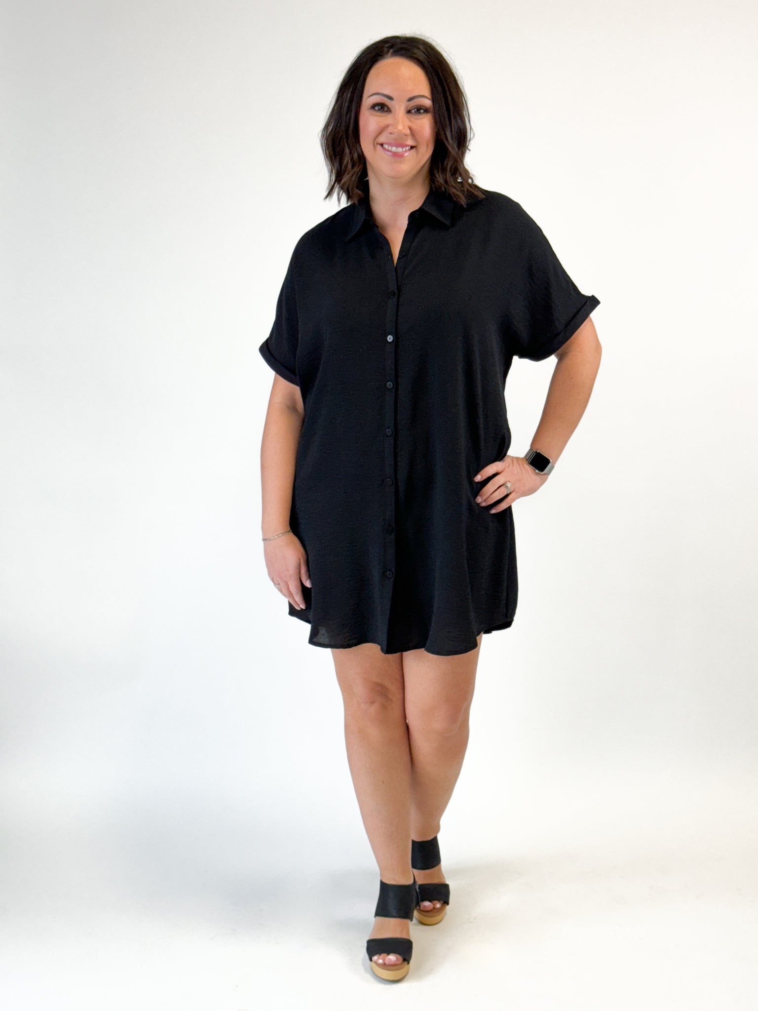 Dolman Short Sleeve Mini Shirt Dress - Black