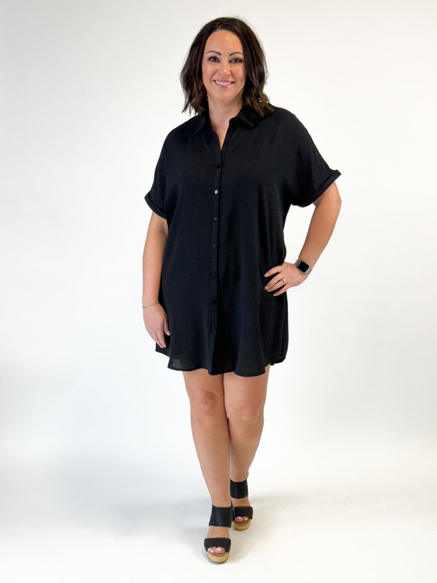 Dolman Short Sleeve Mini Shirt Dress - Black