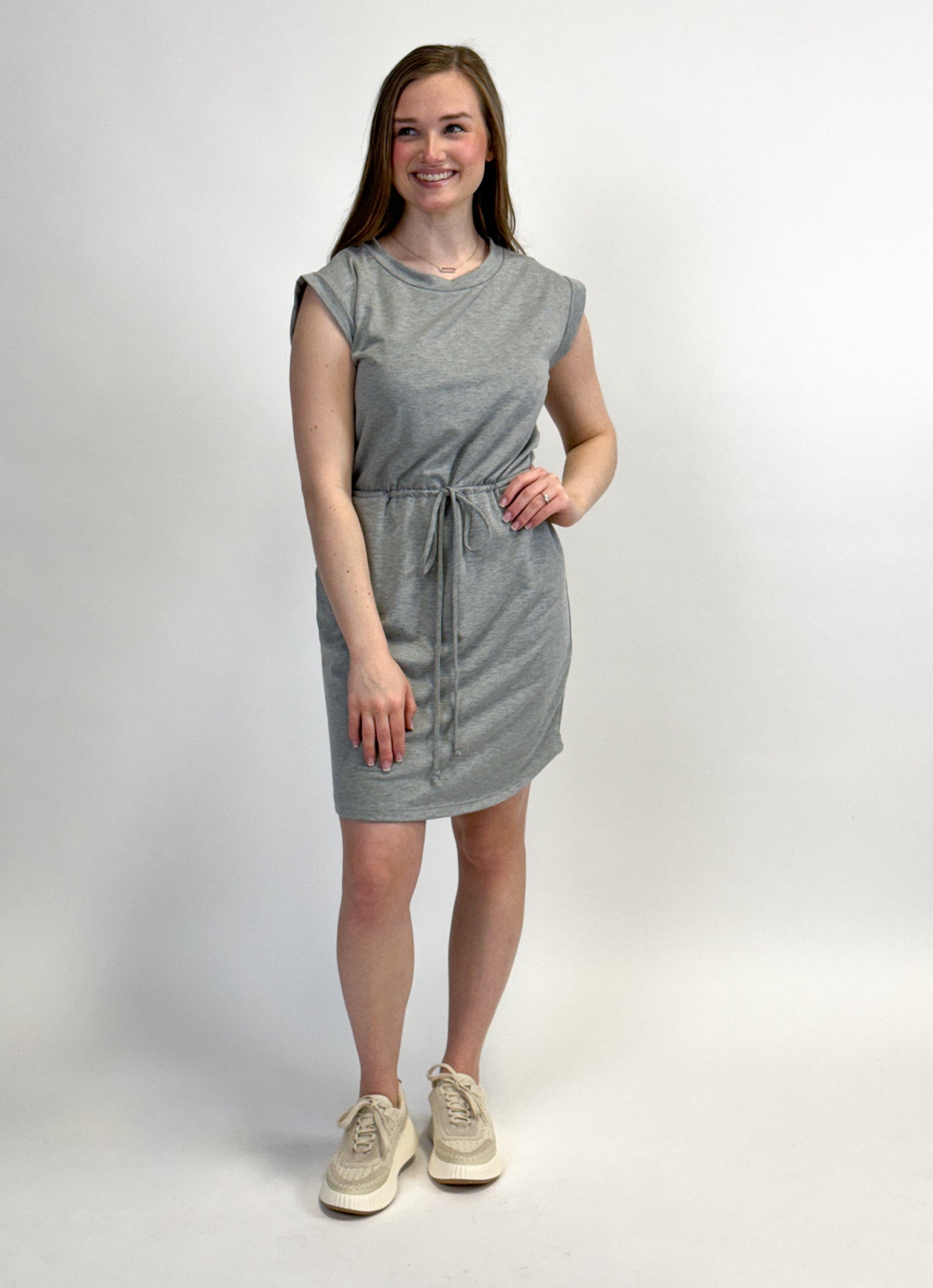 Drawstring Cap Sleeve Dress - Grey