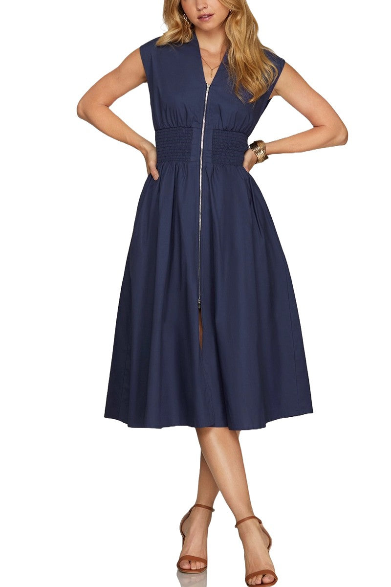 Smocked Waist Front Zip Midi Dress