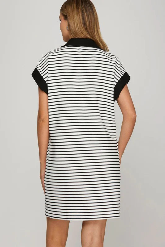 Half Zip Striped Knit Mini Dress