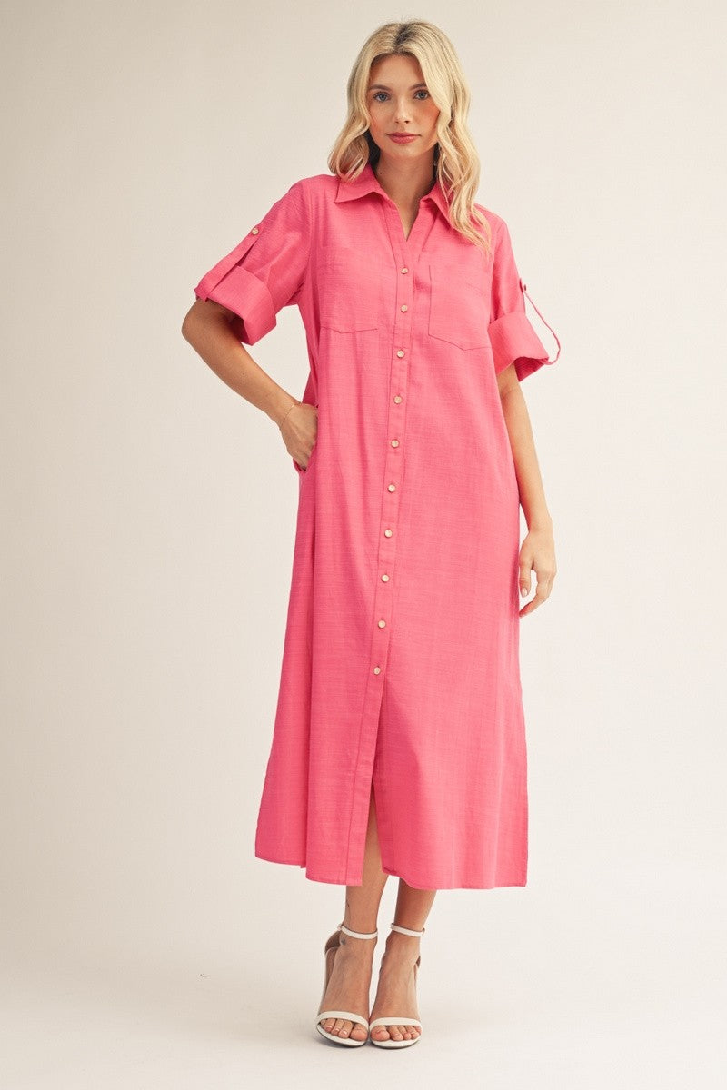 Roll Up Sleeve Button Up Dress
