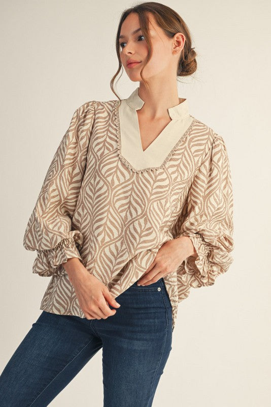 V-Neck Blouse W/ Ruffled Cuff