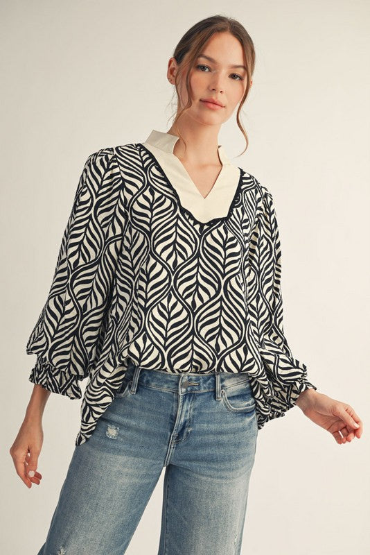 V-Neck Blouse W/ Ruffled Cuff