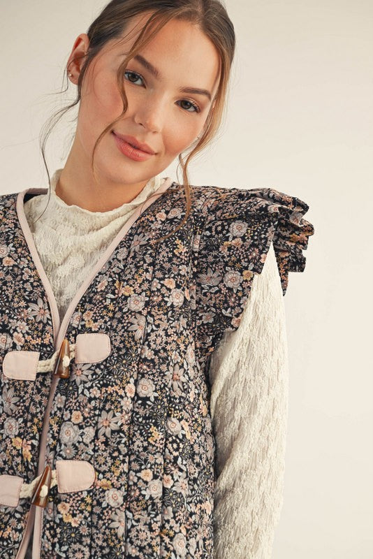 Ruffle Cap Sleeve Floral Quilted Vest