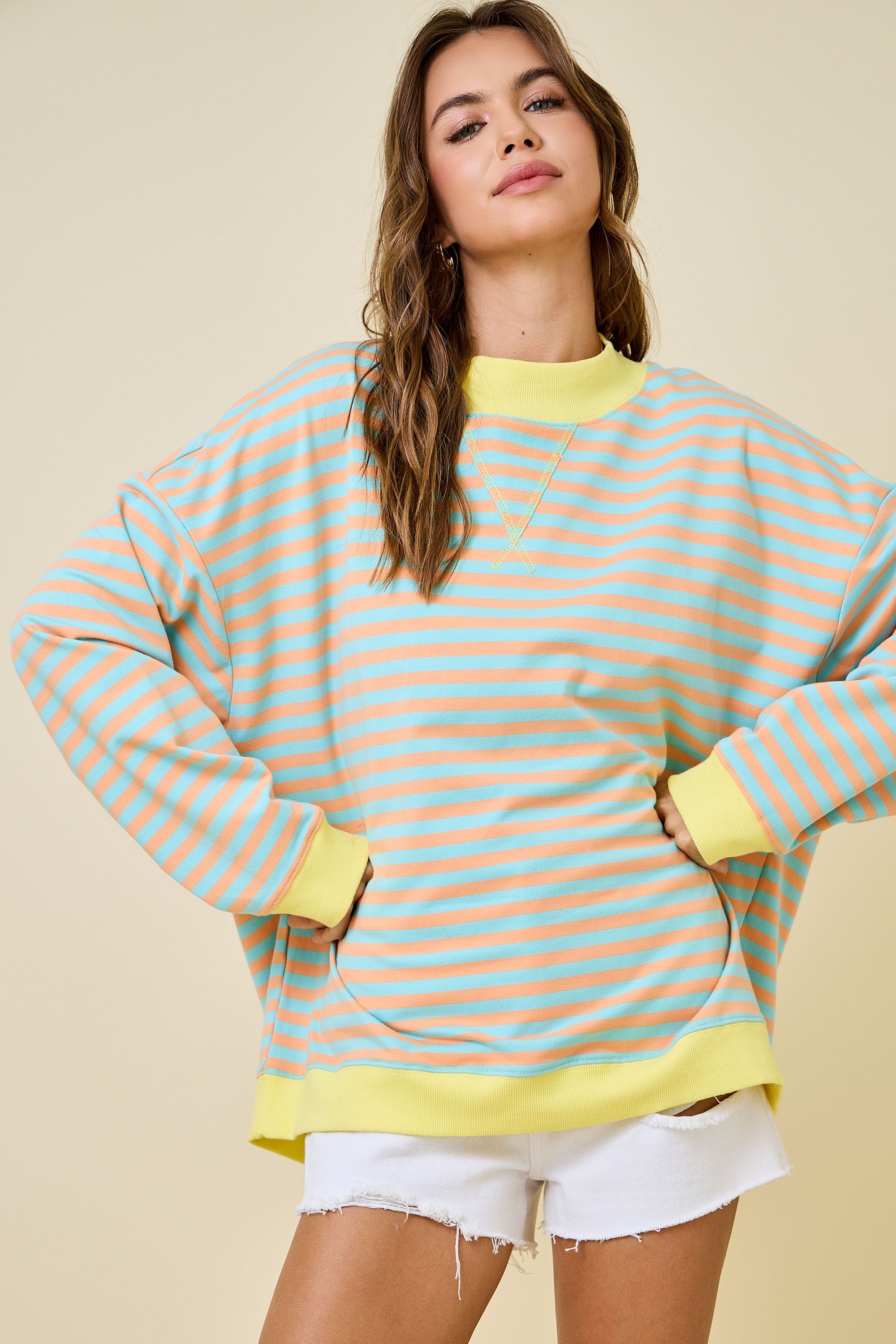 Mock Neck Striped Terry Lounge Sweatshirt