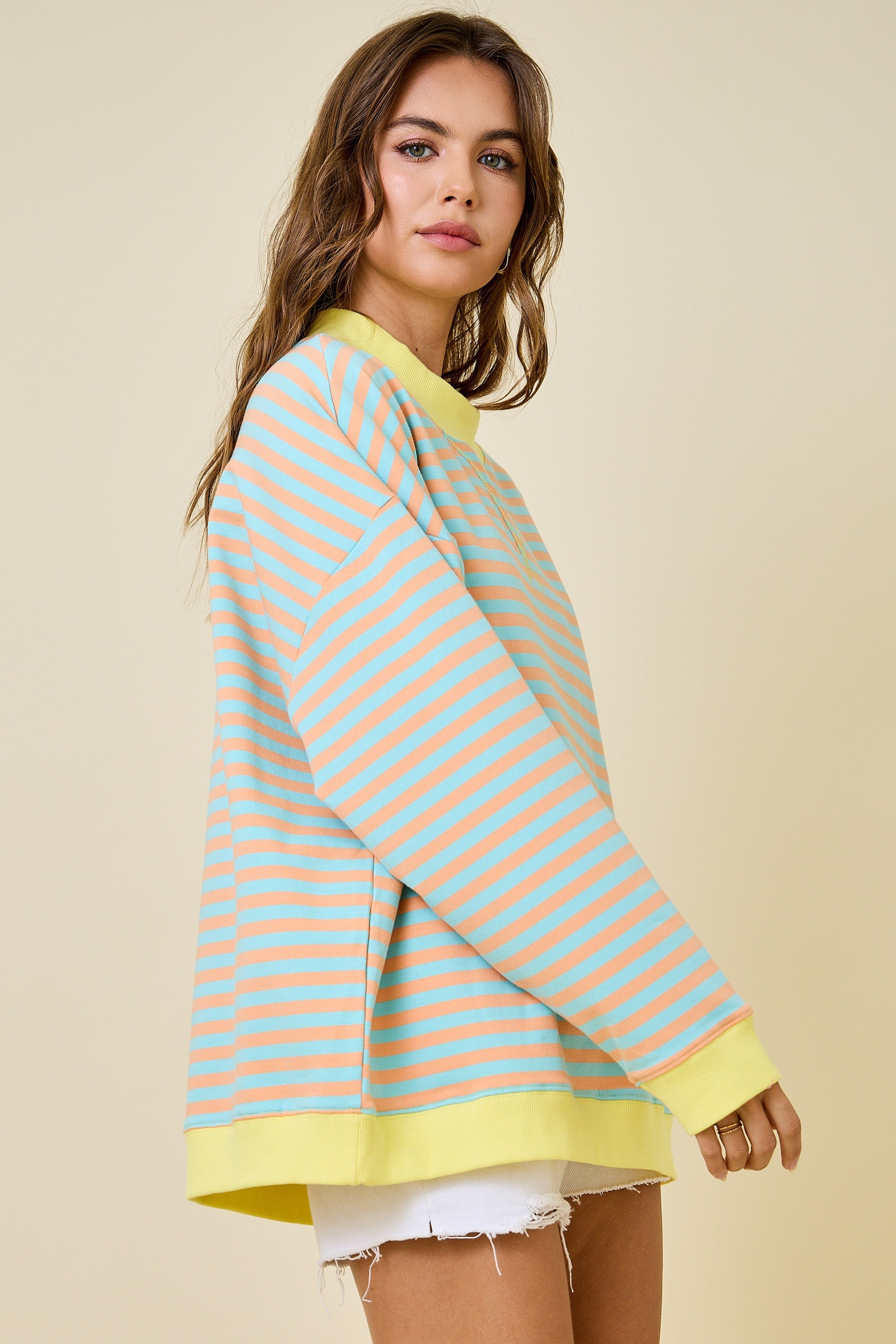 Mock Neck Striped Terry Lounge Sweatshirt