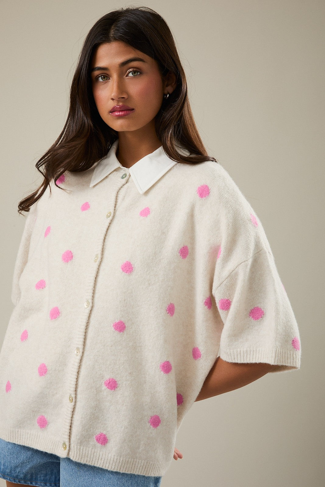 Short Sleeve Polka Dot Sweater Cardigan