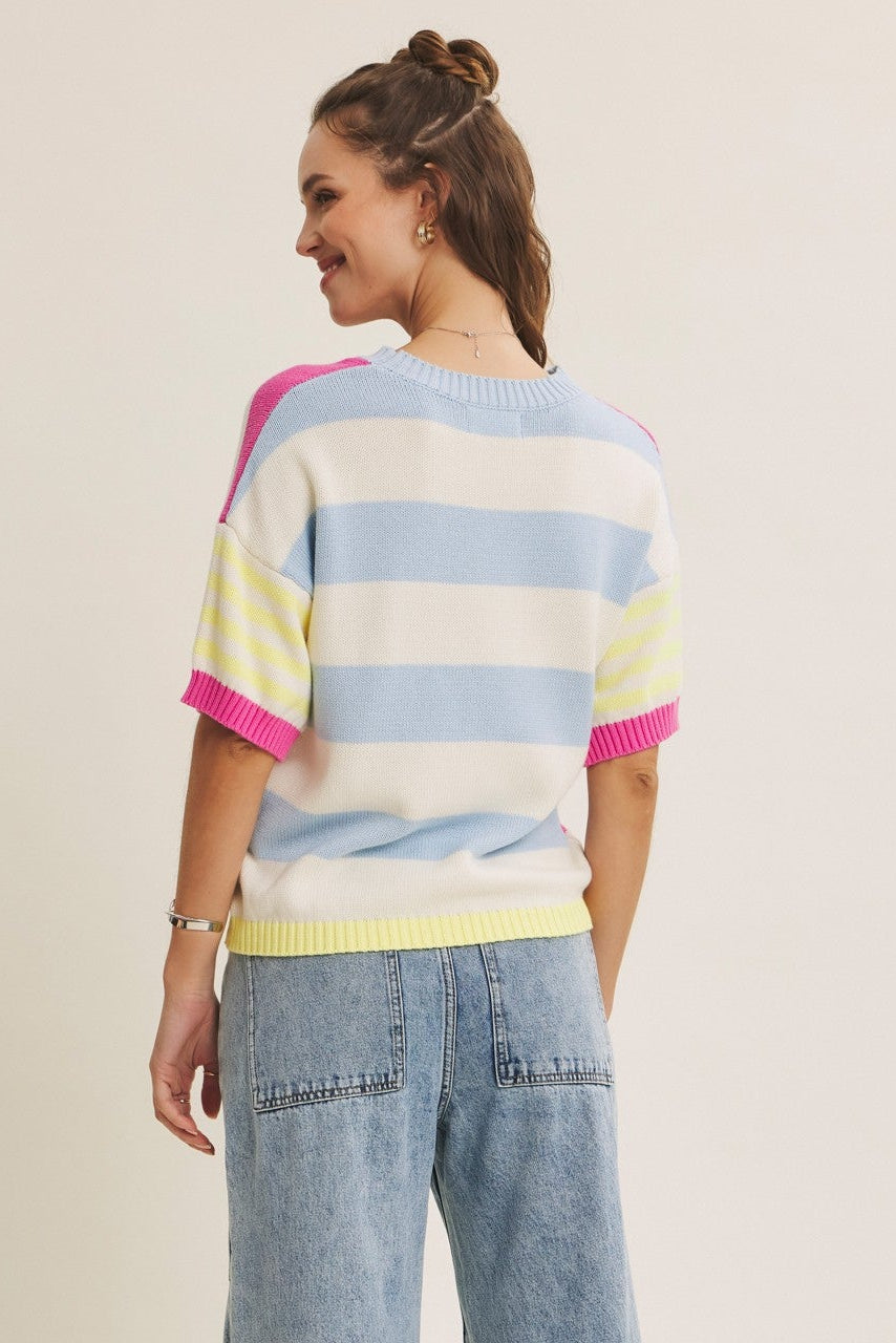 Multi Stripe Short Sleeve Sweater