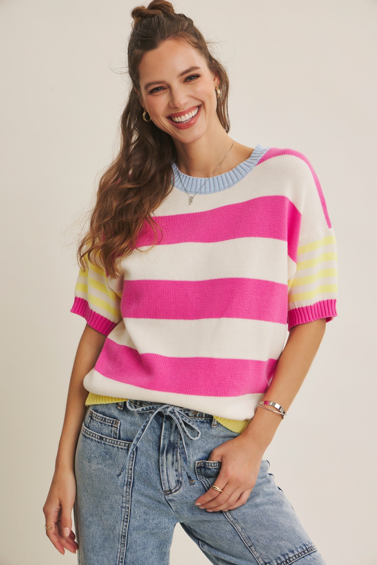 Multi Stripe Short Sleeve Sweater