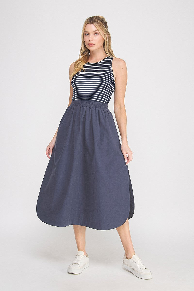 Striped Top W/ Elastic Waist Midi Dress