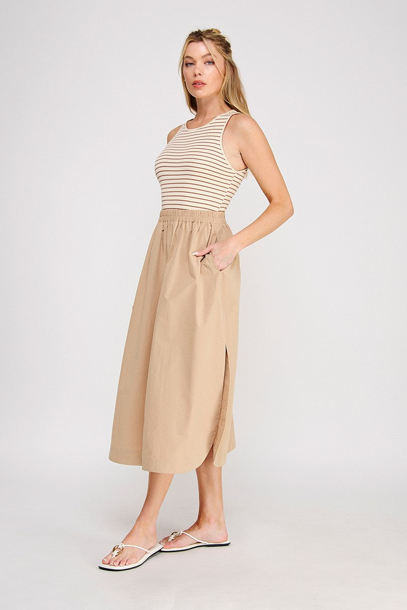 Striped Top W/ Elastic Waist Midi Dress