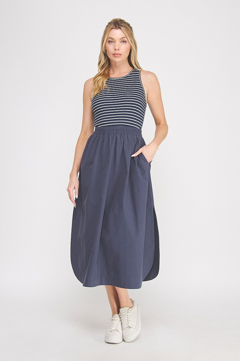 Striped Top W/ Elastic Waist Midi Dress