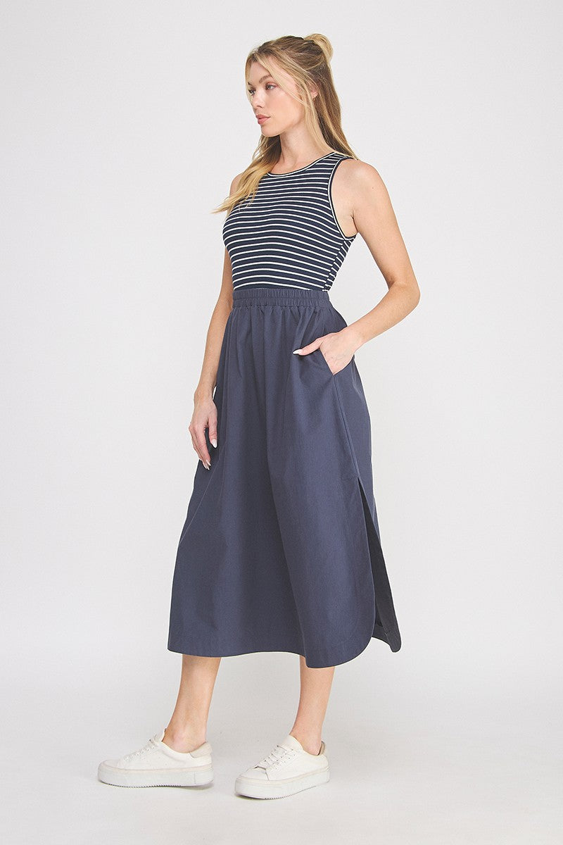 Striped Top W/ Elastic Waist Midi Dress