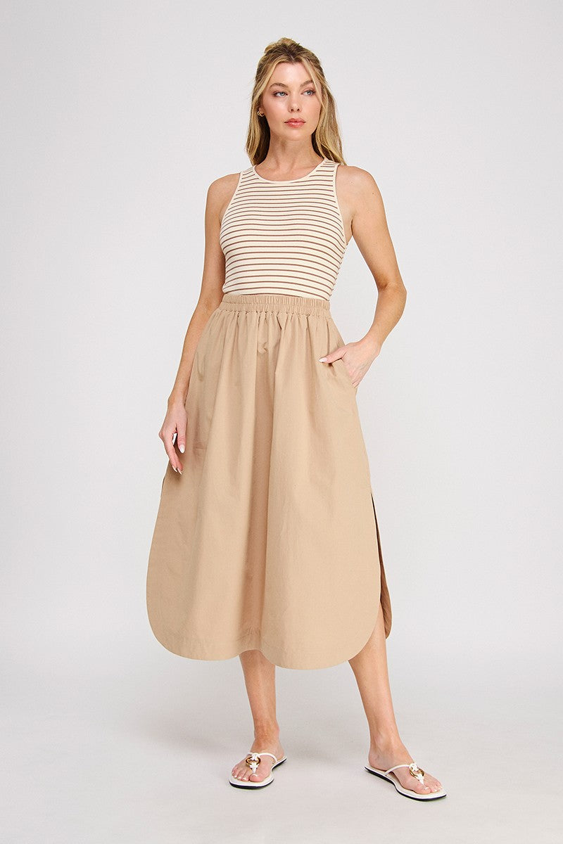 Striped Top W/ Elastic Waist Midi Dress