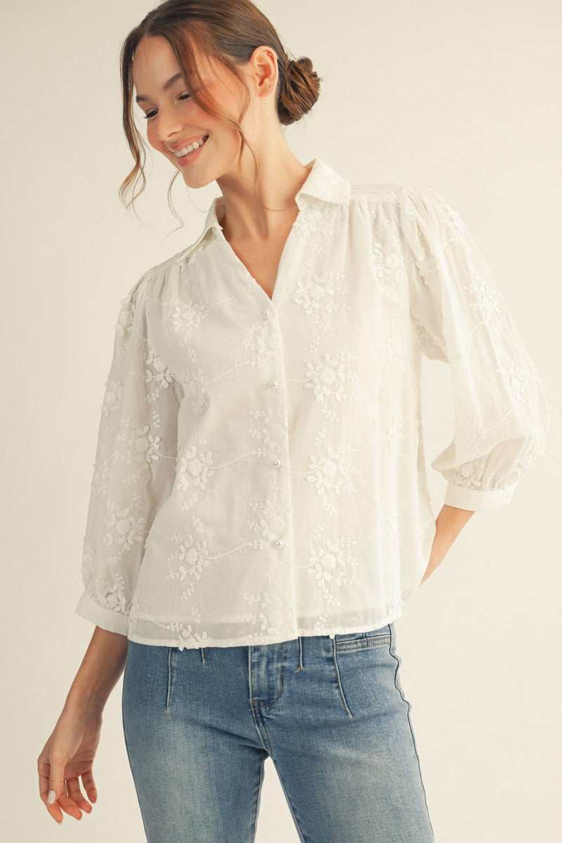 3/4 Sleeve Floral Embroidered Top W/ Pearl Buttons
