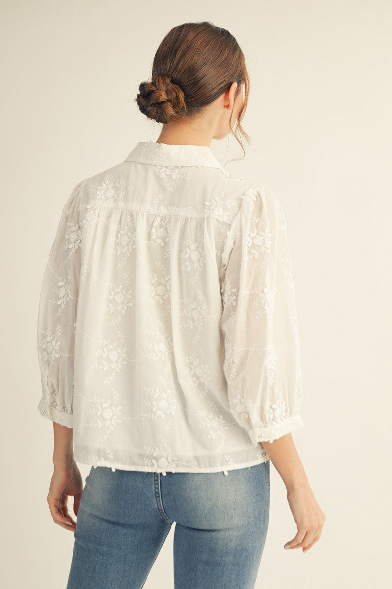 3/4 Sleeve Floral Embroidered Top W/ Pearl Buttons