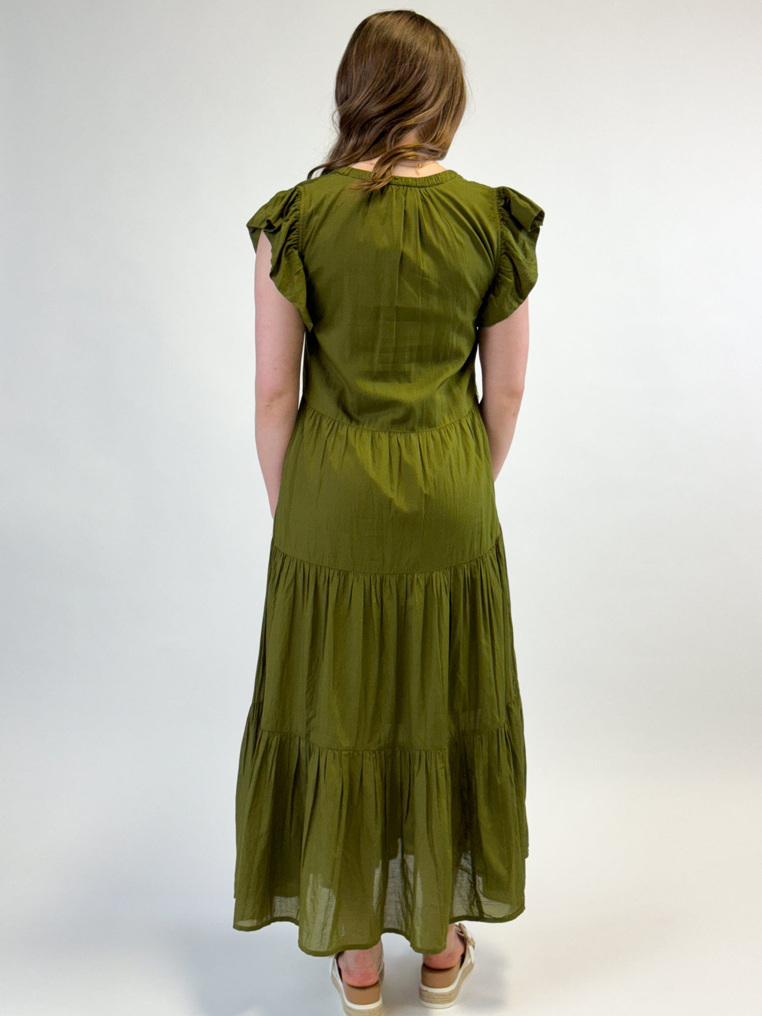 Olive Maxi Dress w/ Ruffle Sleeves