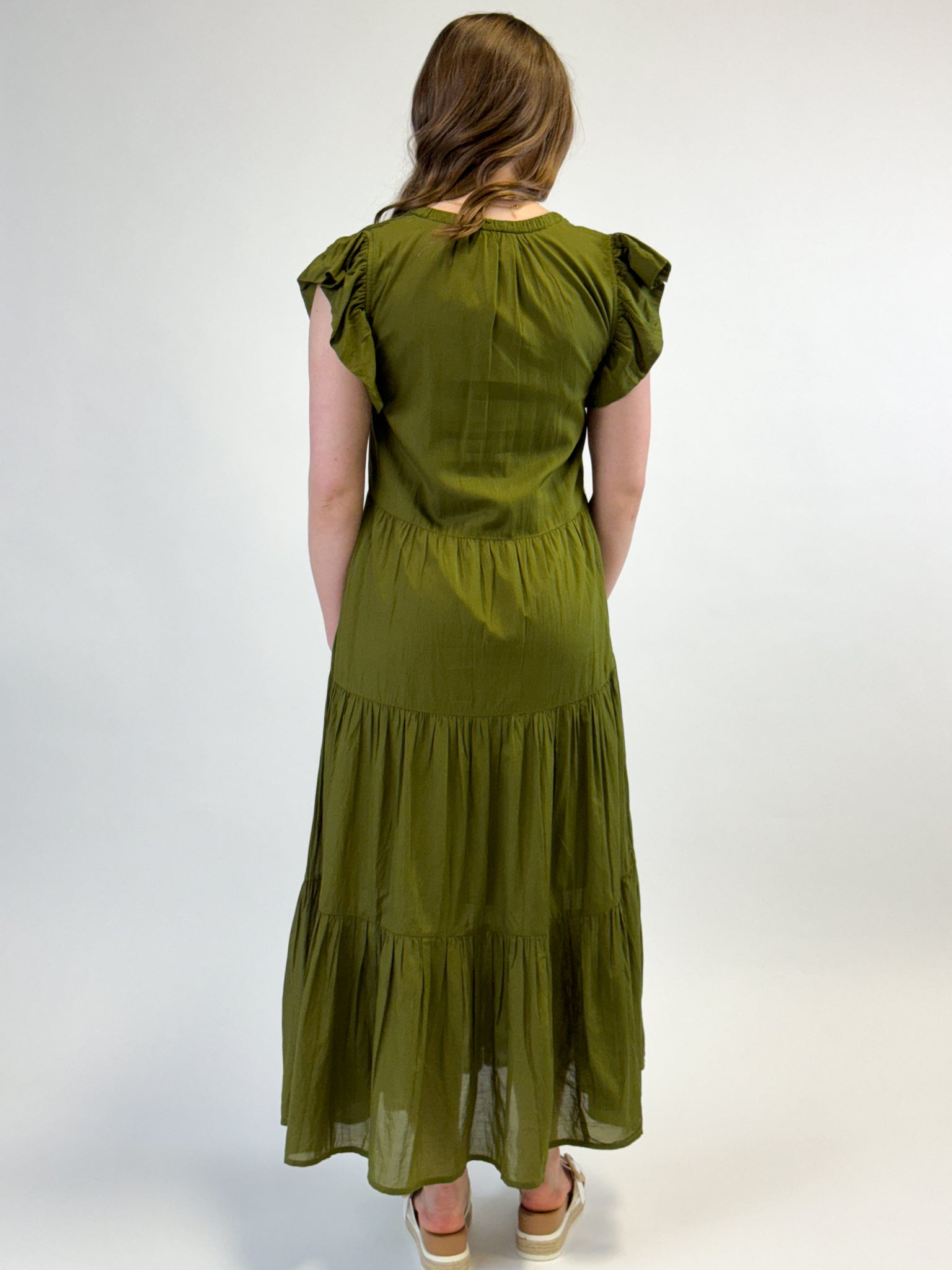 Olive Maxi Dress w/ Ruffle Sleeves