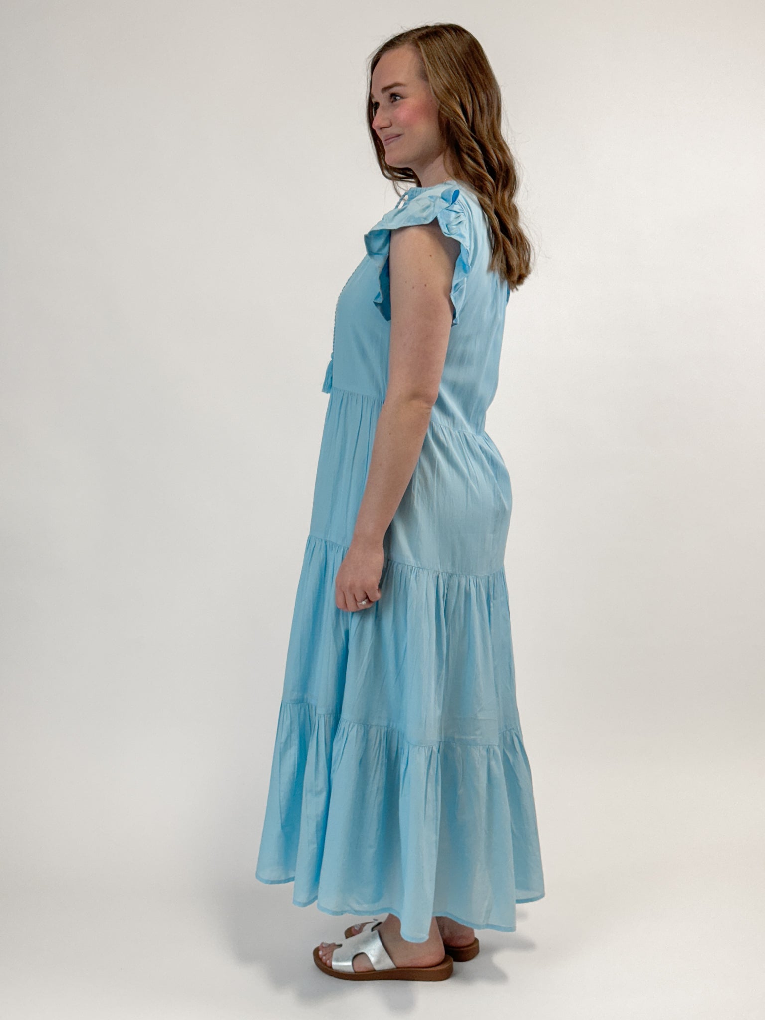 Blue Maxi Dress w/ Ruffle Sleeves