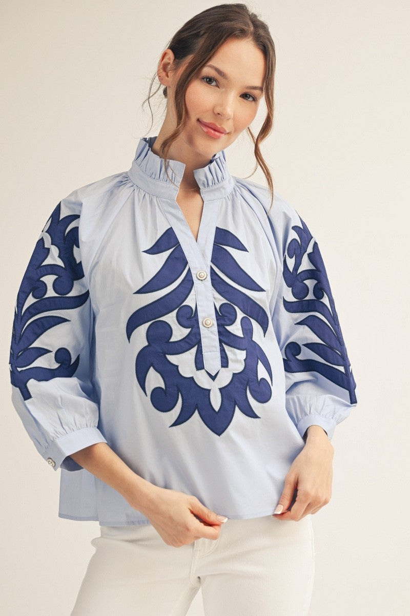 3/4 Sleeve Baroque Applique Top