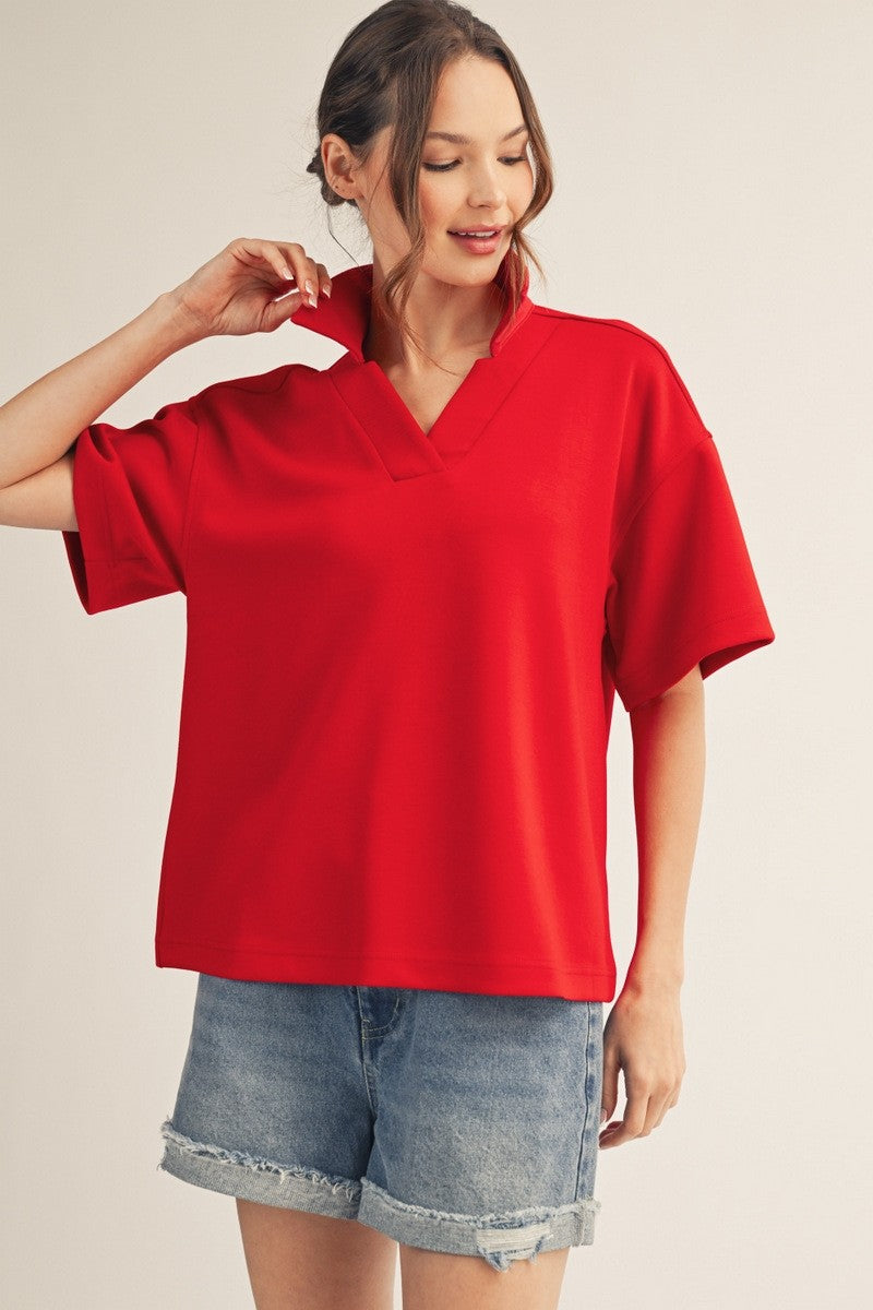 V-Neck Collared Short Sleeve Top