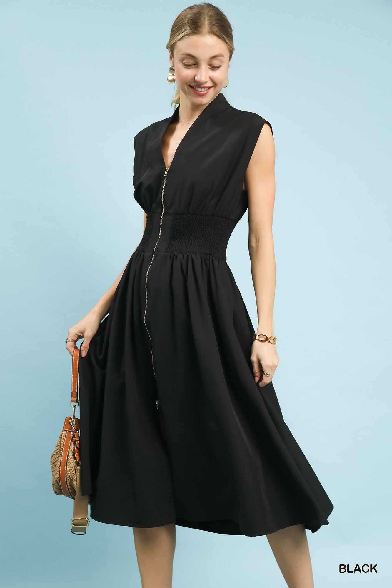 Zip Front Smocked Waist Midi Dress