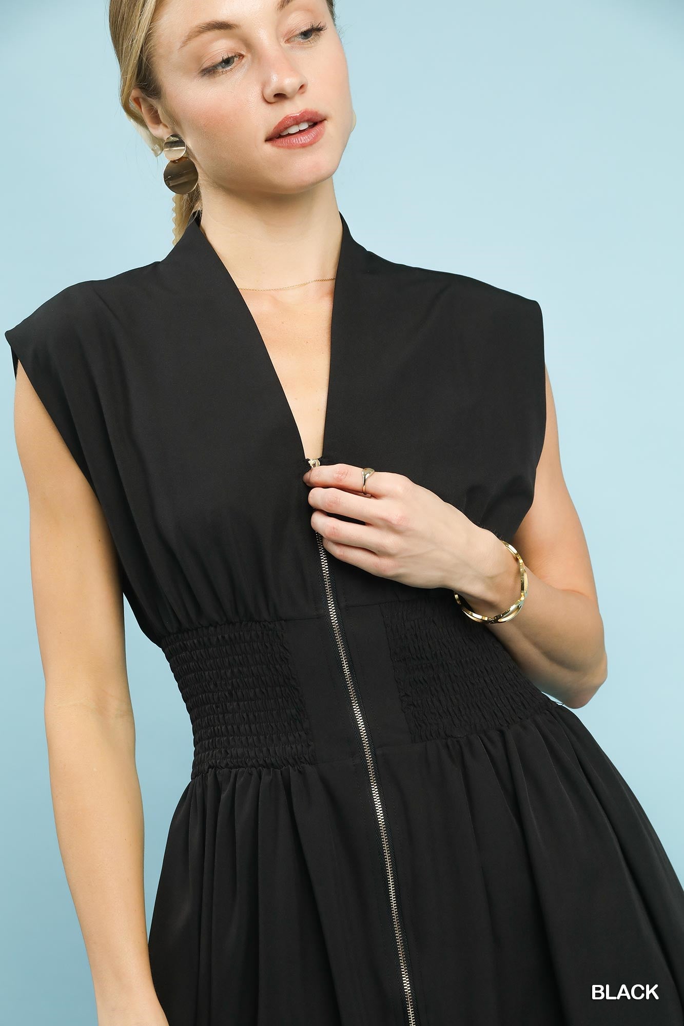 Zip Front Smocked Waist Midi Dress